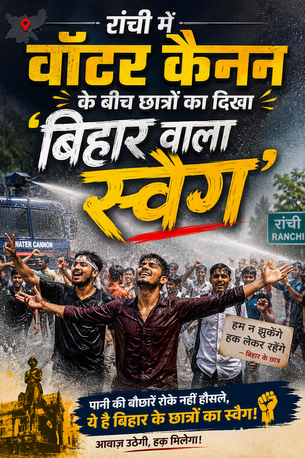रांची में वाटर कैनन के बीच छात्रों का दिखा ‘बिहार वाला स्वैग’